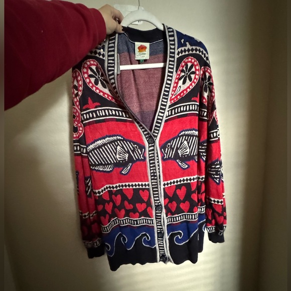 Farm Rio Navy Mixed Print Knit Cardigan Sz Small‎ Oversized Dopamine Teacher - Picture 4 of 9